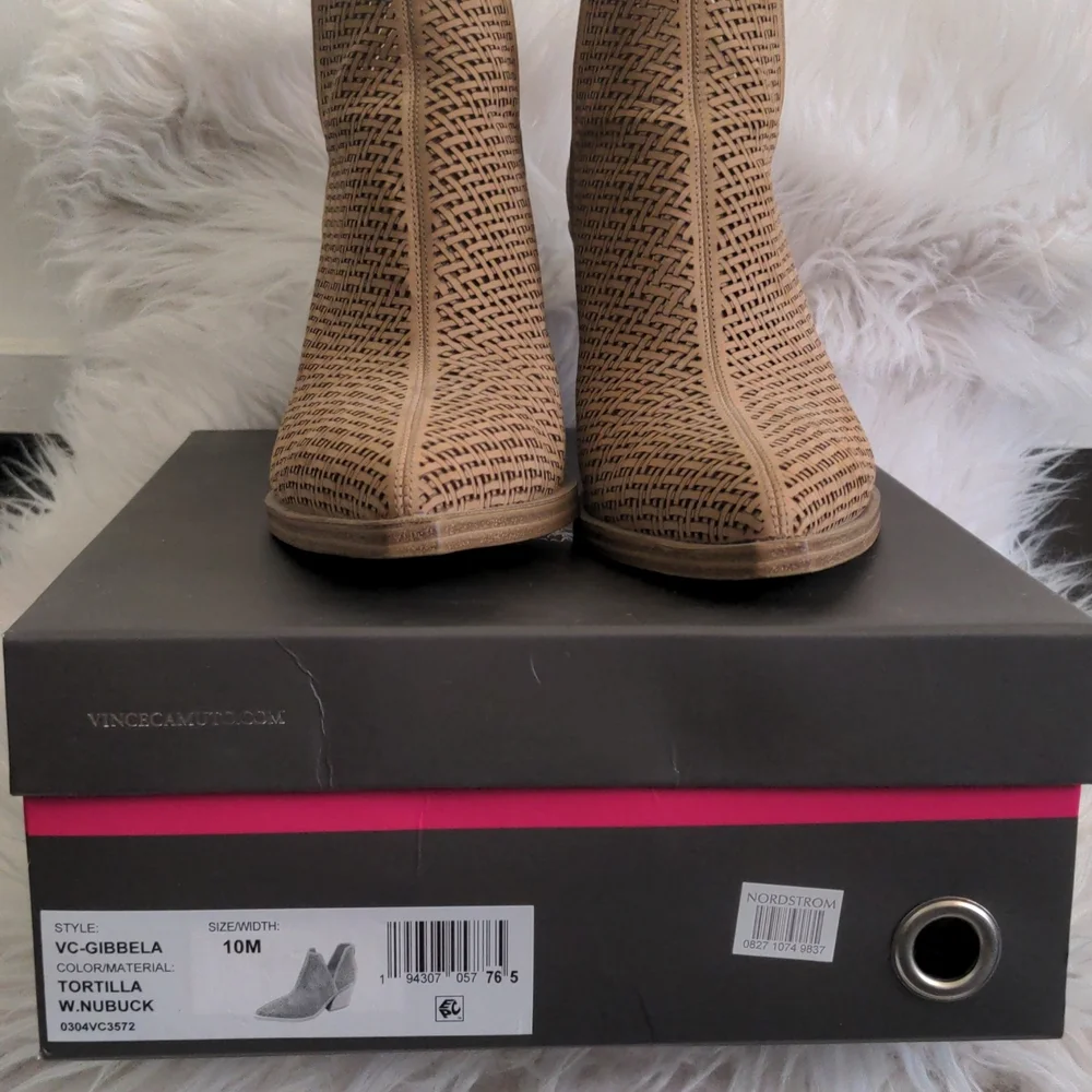 Vince Camuto Gibbela Woven Leather Booties in Tortilla Taupe